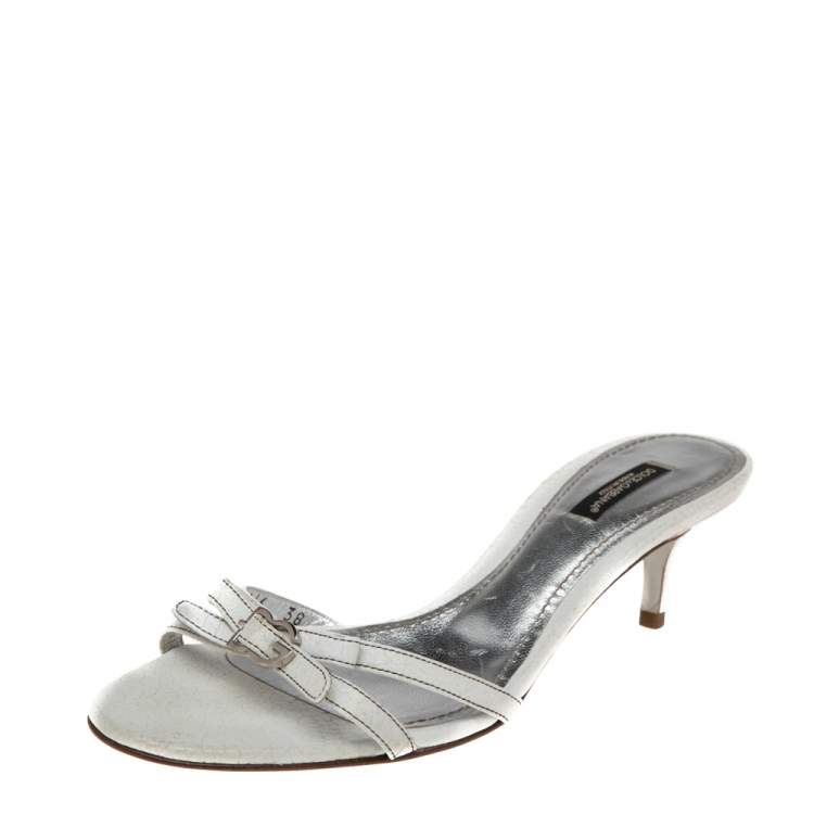 Pre Owned Dolce & Gabbana White Leather DG Buckle Slide Sandals Size 38