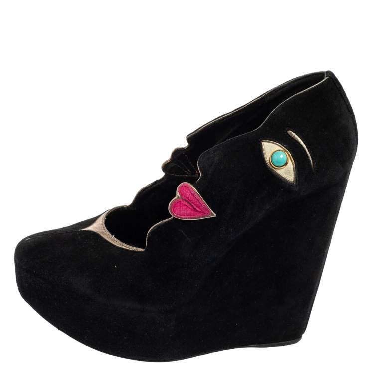Pre Owned Dolce & Gabbana Black Suede Embellished Wedge Pumps Size 39