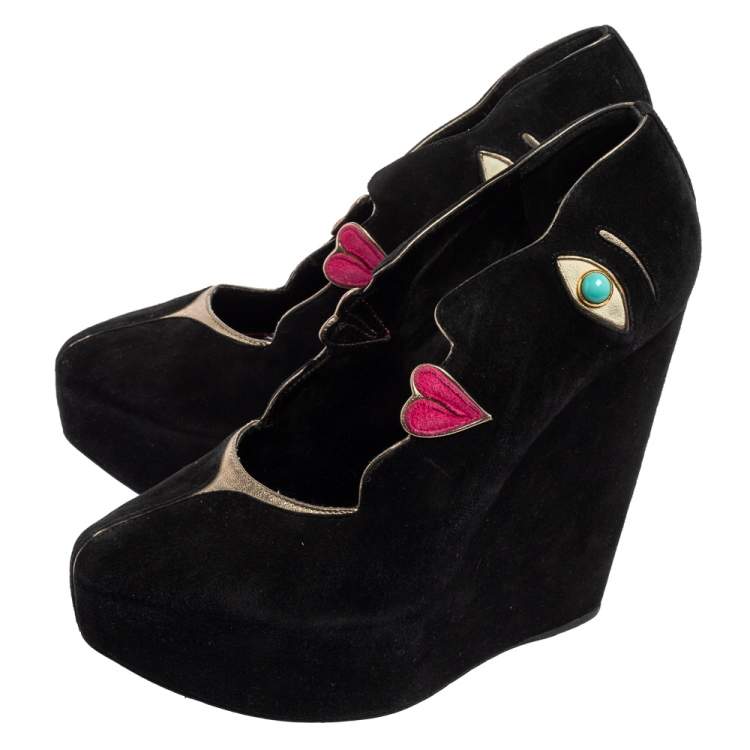 Pre Owned Dolce & Gabbana Black Suede Embellished Wedge Pumps Size 39