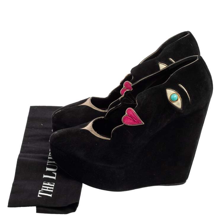 Pre Owned Dolce & Gabbana Black Suede Embellished Wedge Pumps Size 39