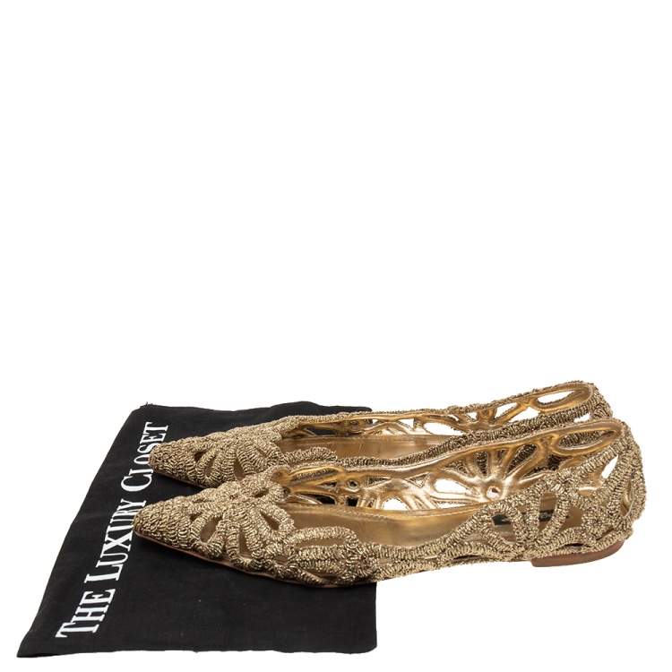 Pre Owned Dolce & Gabbana Gold Cut-Out Lurex Fabric Ballet Flats Size 39
