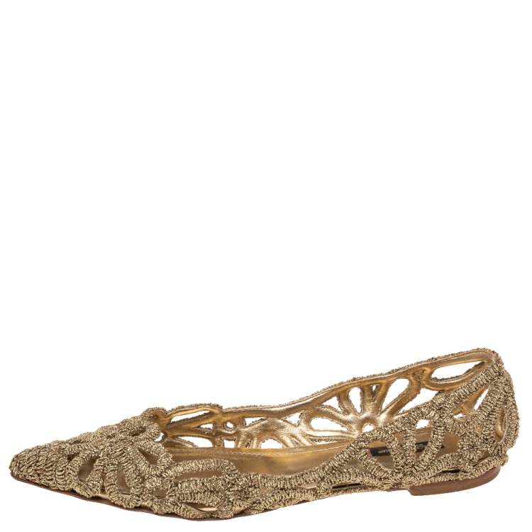 Pre Owned Dolce & Gabbana Gold Cut-Out Lurex Fabric Ballet Flats Size 39