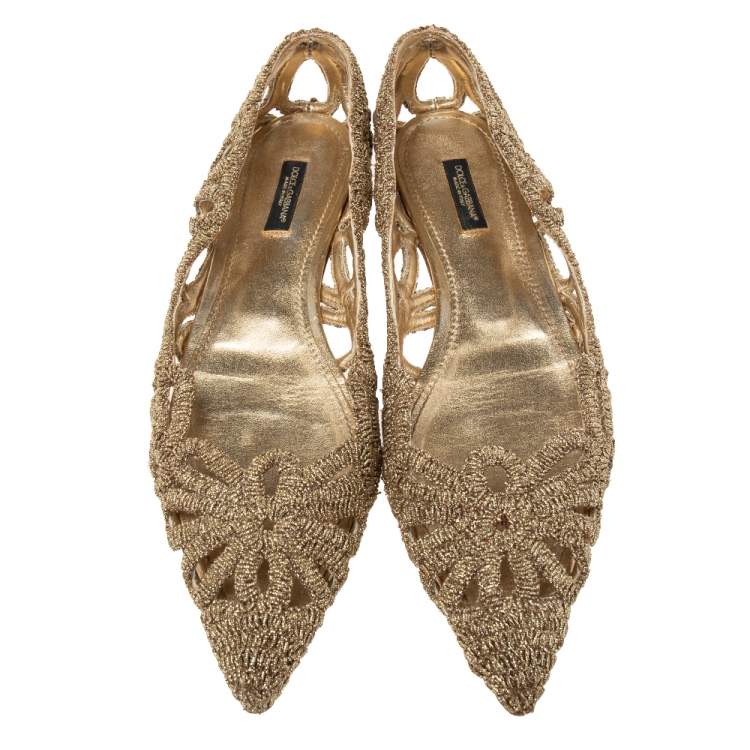 Pre Owned Dolce & Gabbana Gold Cut-Out Lurex Fabric Ballet Flats Size 39
