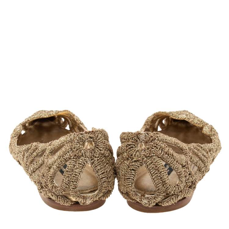 Pre Owned Dolce & Gabbana Gold Cut-Out Lurex Fabric Ballet Flats Size 39