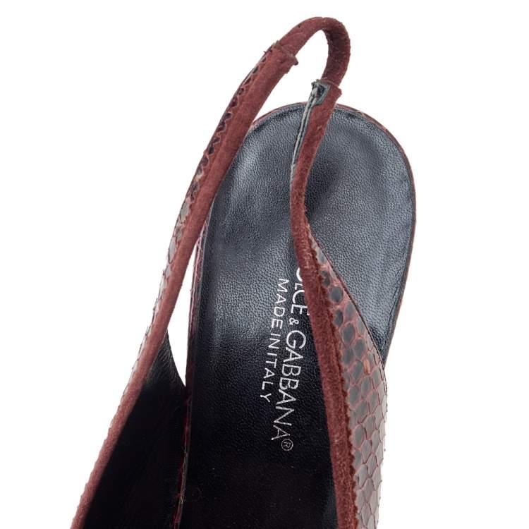 Pre Owned Dolce & Gabbana Burgundy Python and Suede Bow Pointed Toe Slingback Sandals Size 40