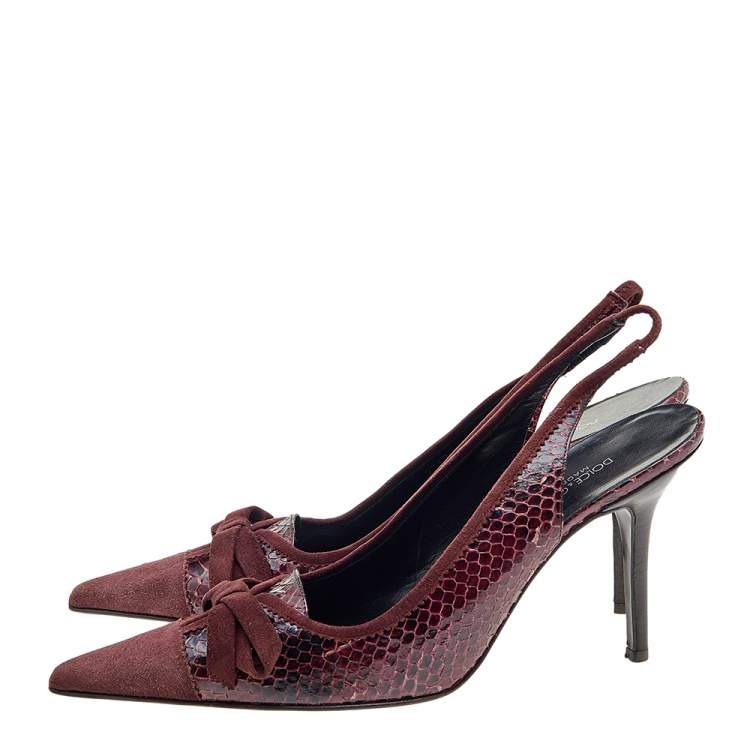 Pre Owned Dolce & Gabbana Burgundy Python and Suede Bow Pointed Toe Slingback Sandals Size 40