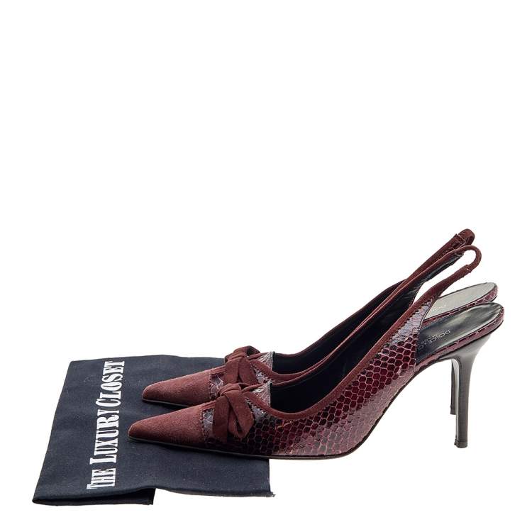 Pre Owned Dolce & Gabbana Burgundy Python and Suede Bow Pointed Toe Slingback Sandals Size 40