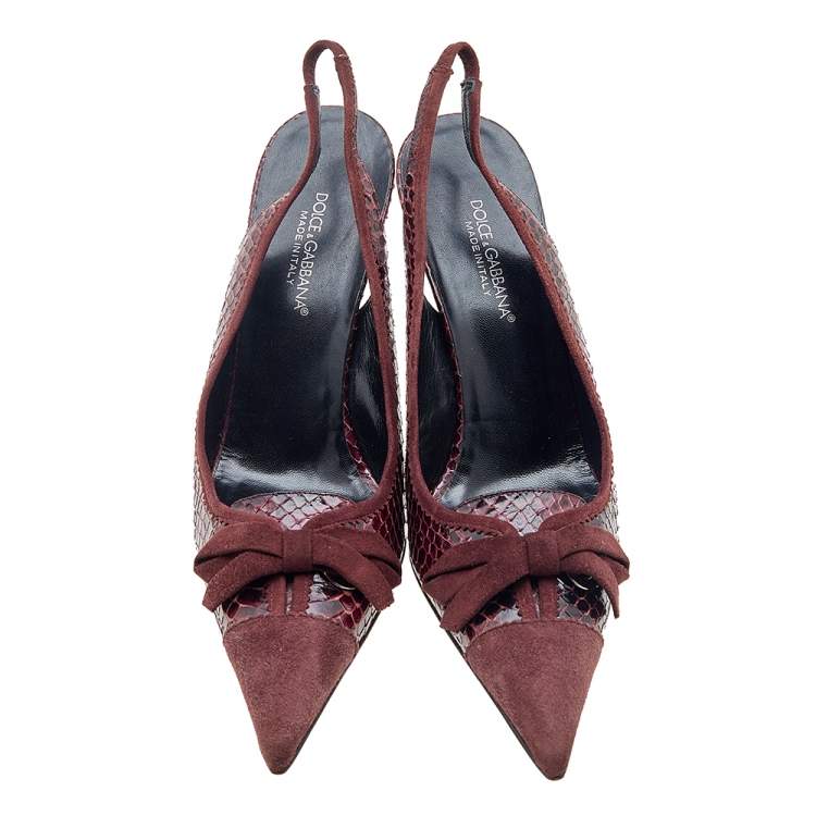 Pre Owned Dolce & Gabbana Burgundy Python and Suede Bow Pointed Toe Slingback Sandals Size 40