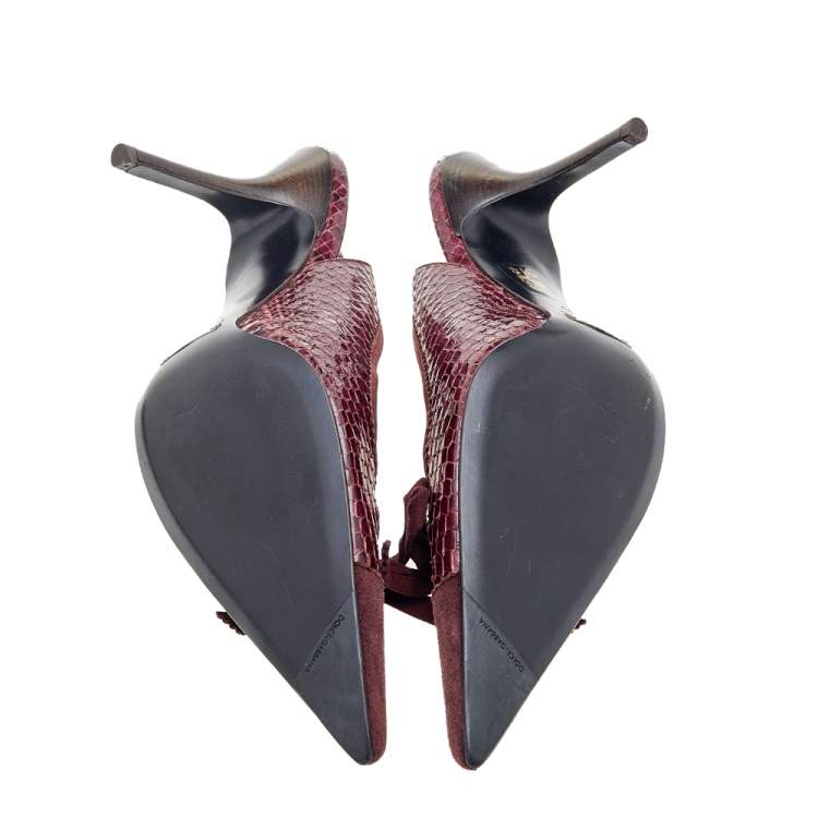 Pre Owned Dolce & Gabbana Burgundy Python and Suede Bow Pointed Toe Slingback Sandals Size 40