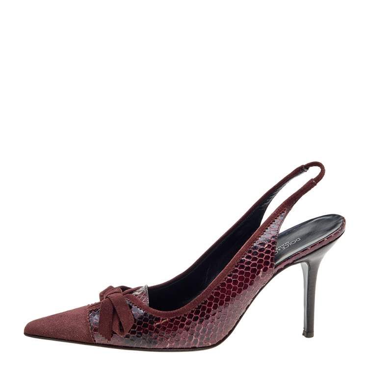 Pre Owned Dolce & Gabbana Burgundy Python and Suede Bow Pointed Toe Slingback Sandals Size 40