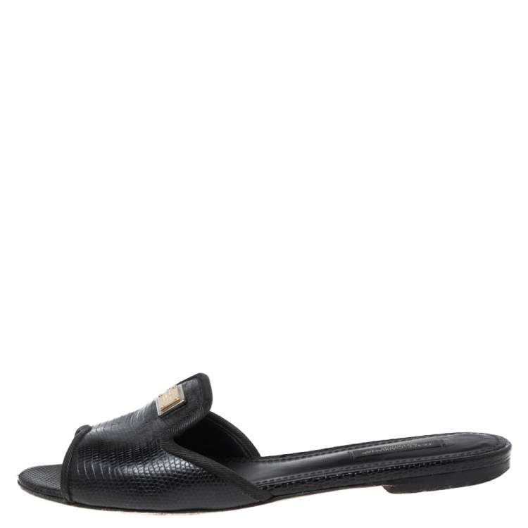 Pre Owned Dolce & Gabbana Black Lizard Embossed  Leather Sofia  Sandals Size 37