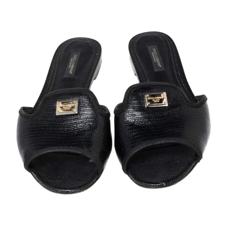 Pre Owned Dolce & Gabbana Black Lizard Embossed  Leather Sofia  Sandals Size 37