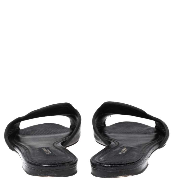 Pre Owned Dolce & Gabbana Black Lizard Embossed  Leather Sofia  Sandals Size 37