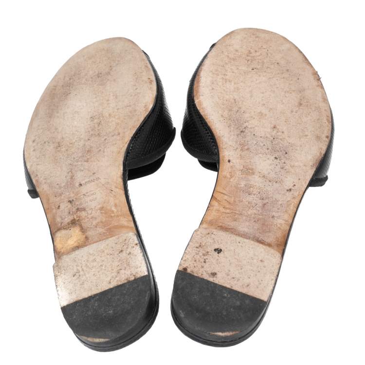 Pre Owned Dolce & Gabbana Black Lizard Embossed  Leather Sofia  Sandals Size 37