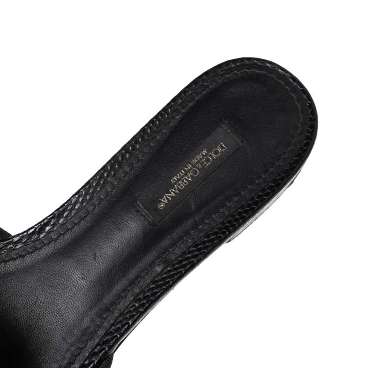 Pre Owned Dolce & Gabbana Black Lizard Embossed  Leather Sofia  Sandals Size 37