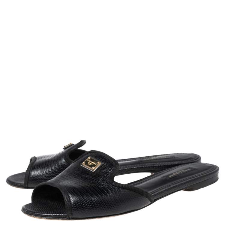 Pre Owned Dolce & Gabbana Black Lizard Embossed  Leather Sofia  Sandals Size 37