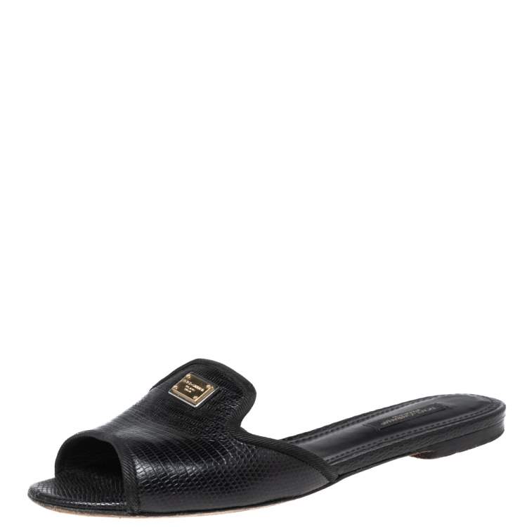 Pre Owned Dolce & Gabbana Black Lizard Embossed  Leather Sofia  Sandals Size 37