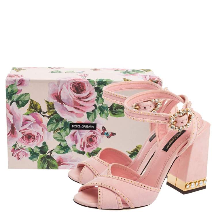 Pre Owned Dolce & Gabbana Pink Suede Criss Cross Jewel Embellished Heel Ankle-Strap Sandals Size 35