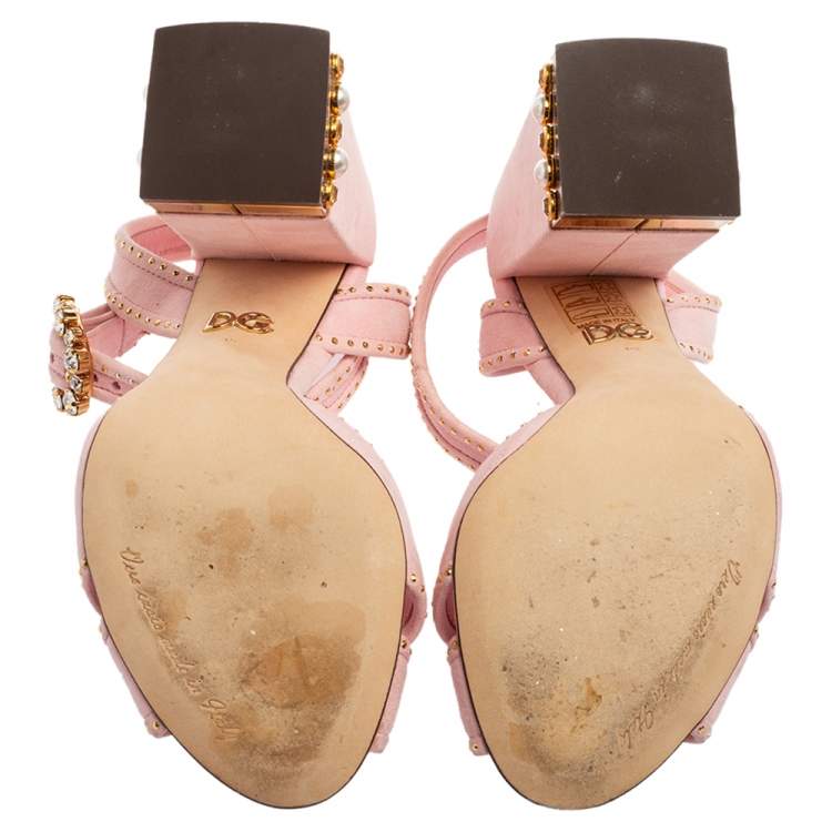 Pre Owned Dolce & Gabbana Pink Suede Criss Cross Jewel Embellished Heel Ankle-Strap Sandals Size 35
