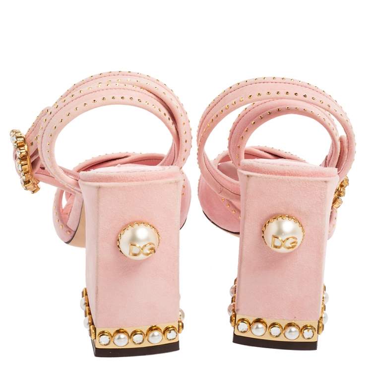 Pre Owned Dolce & Gabbana Pink Suede Criss Cross Jewel Embellished Heel Ankle-Strap Sandals Size 35