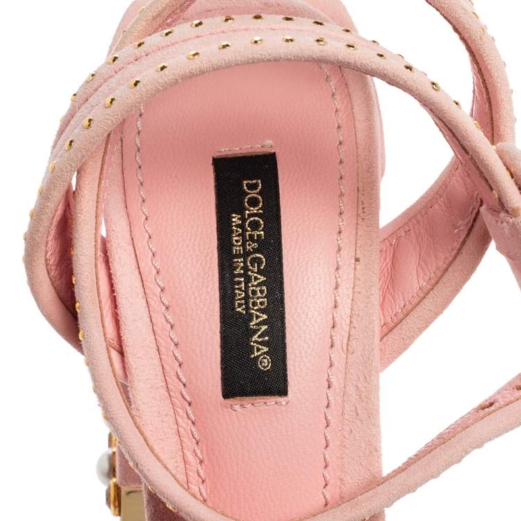 Pre Owned Dolce & Gabbana Pink Suede Criss Cross Jewel Embellished Heel Ankle-Strap Sandals Size 35