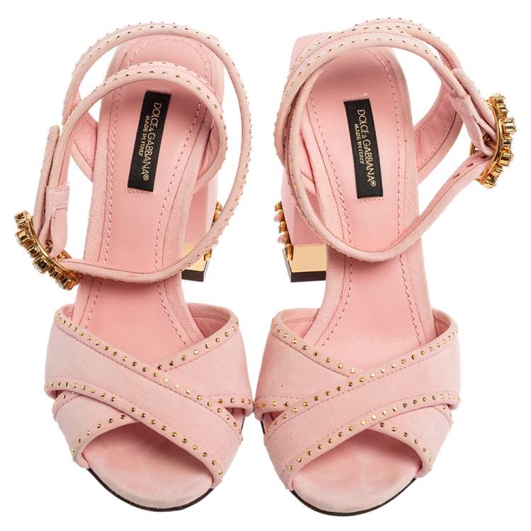 Pre Owned Dolce & Gabbana Pink Suede Criss Cross Jewel Embellished Heel Ankle-Strap Sandals Size 35