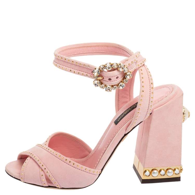 Pre Owned Dolce & Gabbana Pink Suede Criss Cross Jewel Embellished Heel Ankle-Strap Sandals Size 35
