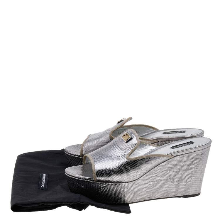 Pre Owned Dolce & Gabbana Silver Lizard Embossed Leather Wedge Slide Sandals Size 41