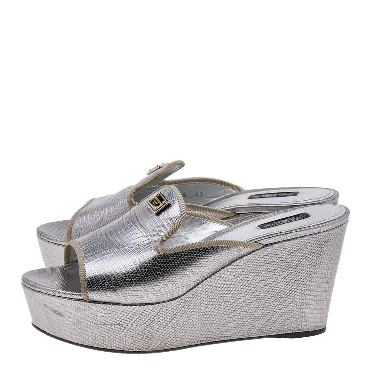 Pre Owned Dolce & Gabbana Silver Lizard Embossed Leather Wedge Slide Sandals Size 41