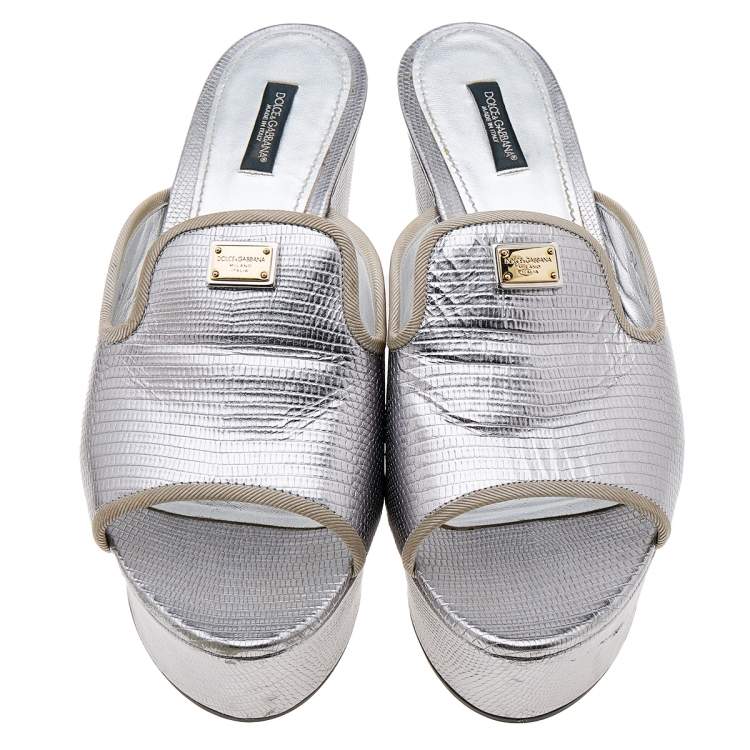Pre Owned Dolce & Gabbana Silver Lizard Embossed Leather Wedge Slide Sandals Size 41