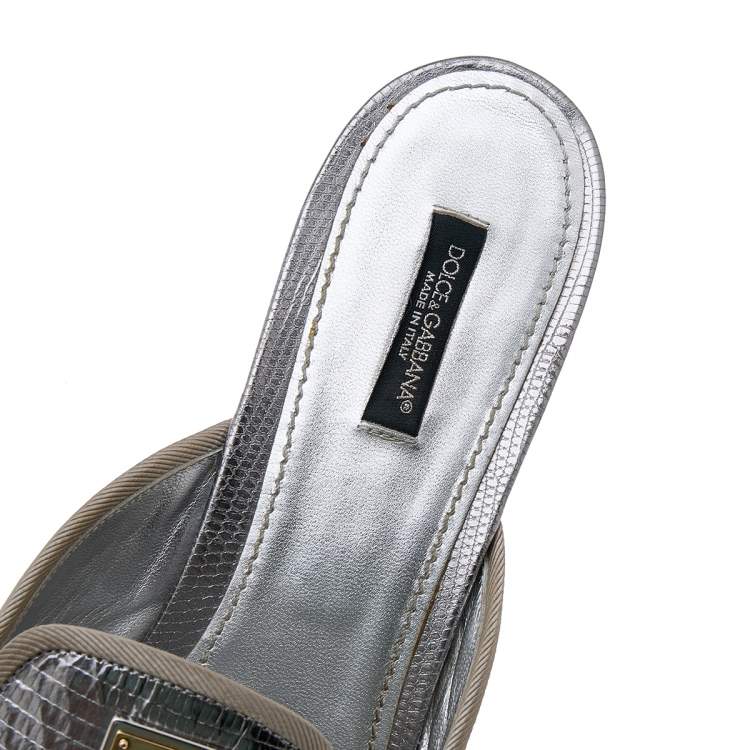 Pre Owned Dolce & Gabbana Silver Lizard Embossed Leather Wedge Slide Sandals Size 41