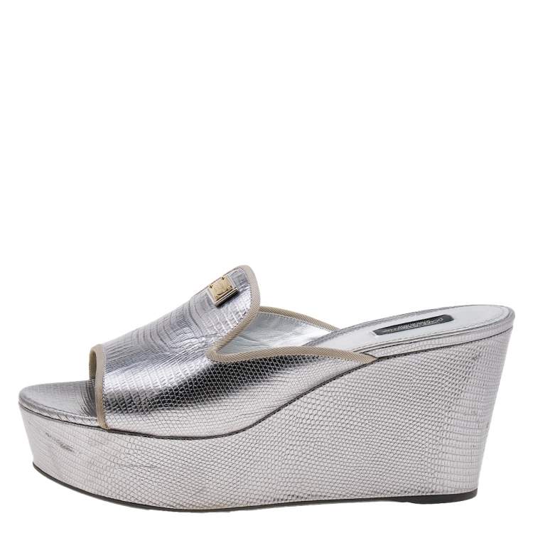 Pre Owned Dolce & Gabbana Silver Lizard Embossed Leather Wedge Slide Sandals Size 41