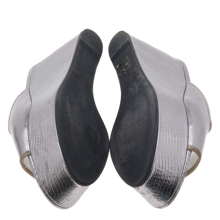 Pre Owned Dolce & Gabbana Silver Lizard Embossed Leather Wedge Slide Sandals Size 41