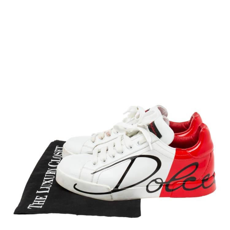 مملوكة مسبقًا Dolce & Gabbana White/Red Leather Portofino Low Top Sneakers Size 37