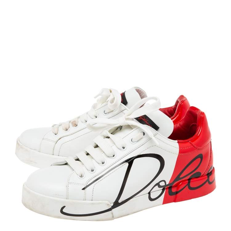 مملوكة مسبقًا Dolce & Gabbana White/Red Leather Portofino Low Top Sneakers Size 37