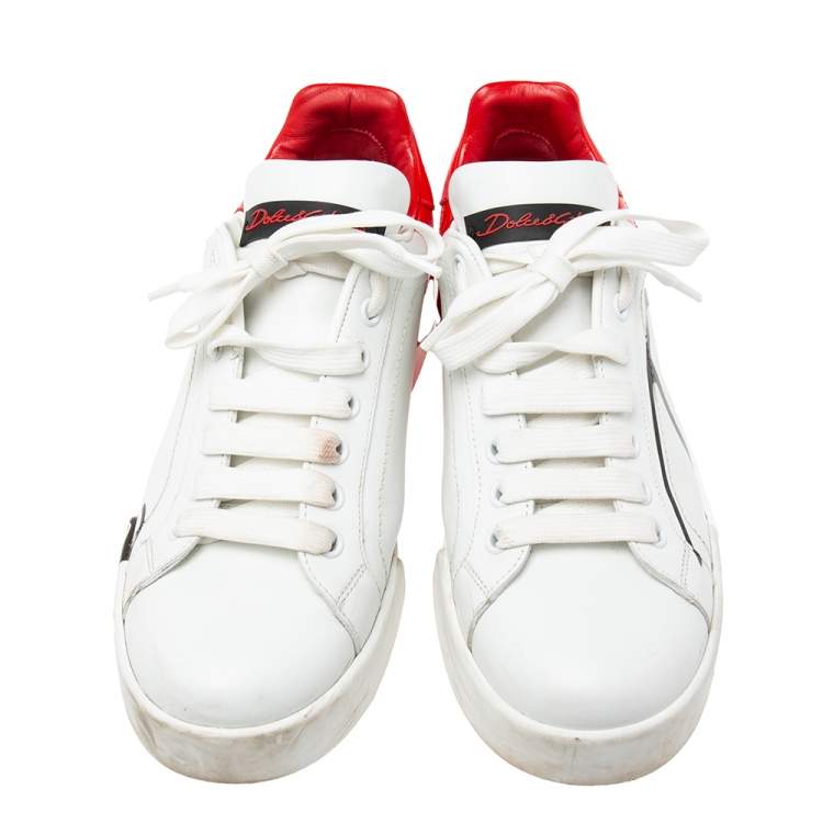 مملوكة مسبقًا Dolce & Gabbana White/Red Leather Portofino Low Top Sneakers Size 37