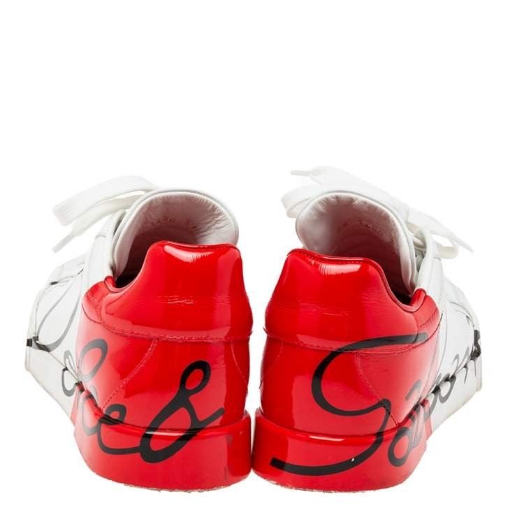 مملوكة مسبقًا Dolce & Gabbana White/Red Leather Portofino Low Top Sneakers Size 37