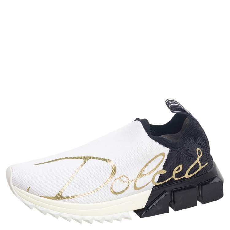 مملوكة مسبقًا Dolce and Gabbana White/Black Knit Fabric Sorrento Slip-On Sneakers Size 38