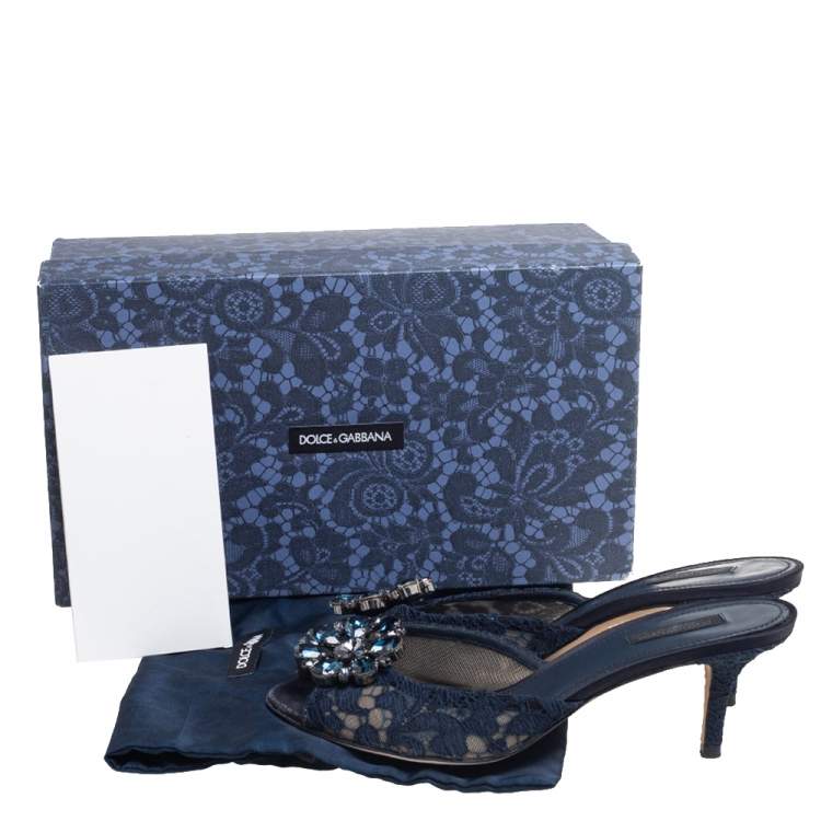 Pre Owned Dolce & Gabbana Navy Blue Lace Crystal Embellished Peep Toe Sandals Size 39