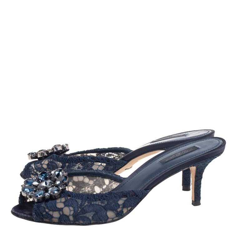 Pre Owned Dolce & Gabbana Navy Blue Lace Crystal Embellished Peep Toe Sandals Size 39