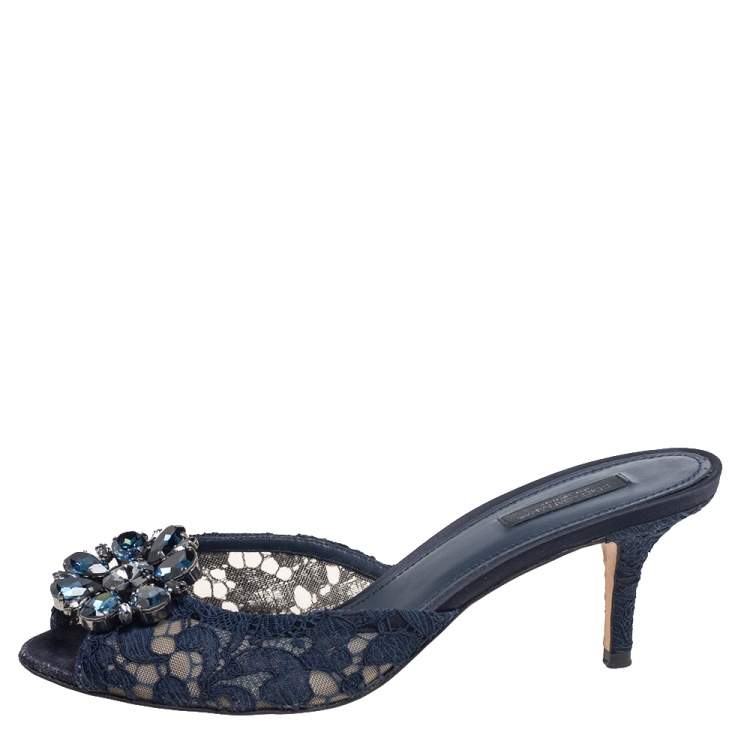 Pre Owned Dolce & Gabbana Navy Blue Lace Crystal Embellished Peep Toe Sandals Size 39