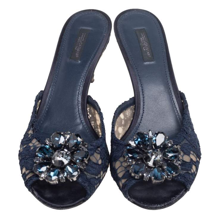 Pre Owned Dolce & Gabbana Navy Blue Lace Crystal Embellished Peep Toe Sandals Size 39