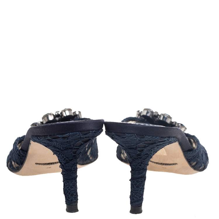 Pre Owned Dolce & Gabbana Navy Blue Lace Crystal Embellished Peep Toe Sandals Size 39