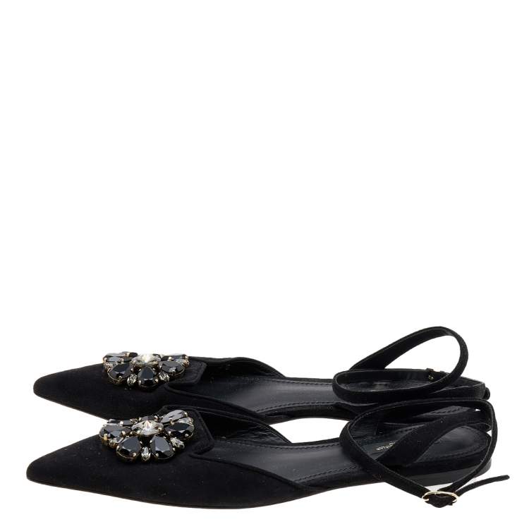 Pre Owned Dolce & Gabbana Black Suede Crystal Embellished Flat Sandals Size 38