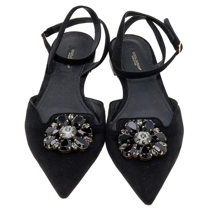 Pre Owned Dolce & Gabbana Black Suede Crystal Embellished Flat Sandals Size 38