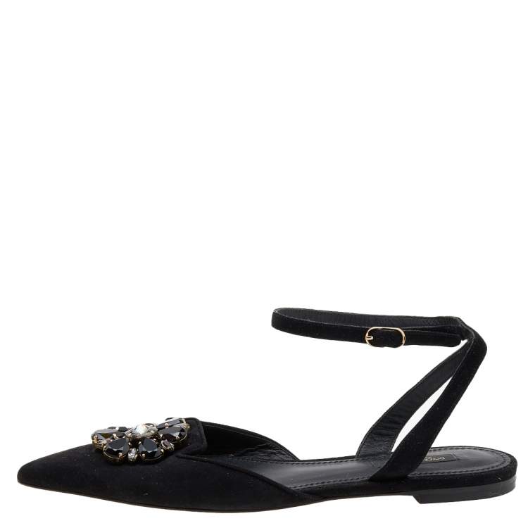 Pre Owned Dolce & Gabbana Black Suede Crystal Embellished Flat Sandals Size 38