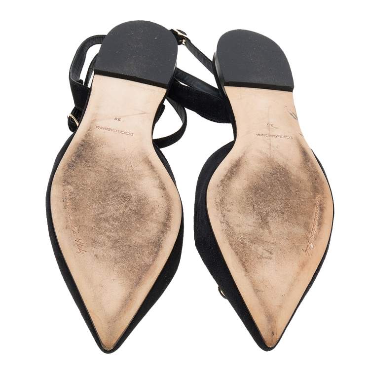 Pre Owned Dolce & Gabbana Black Suede Crystal Embellished Flat Sandals Size 38