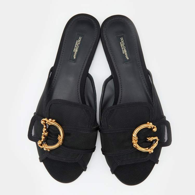 Pre Owned Dolce & Gabbana Black Mesh Baroque Logo Flat Slide Sandals Size 38