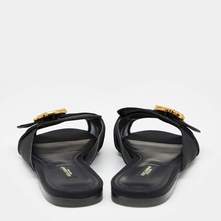 Pre Owned Dolce & Gabbana Black Mesh Baroque Logo Flat Slide Sandals Size 38