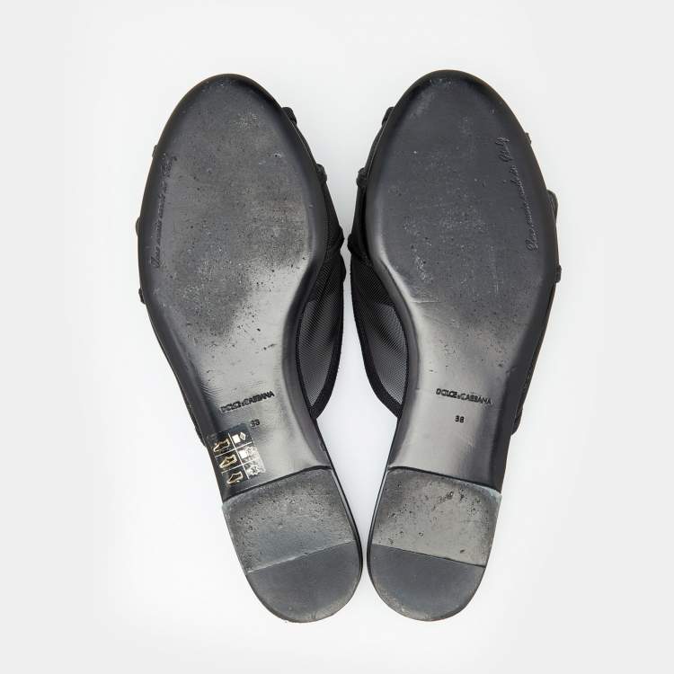 Pre Owned Dolce & Gabbana Black Mesh Baroque Logo Flat Slide Sandals Size 38